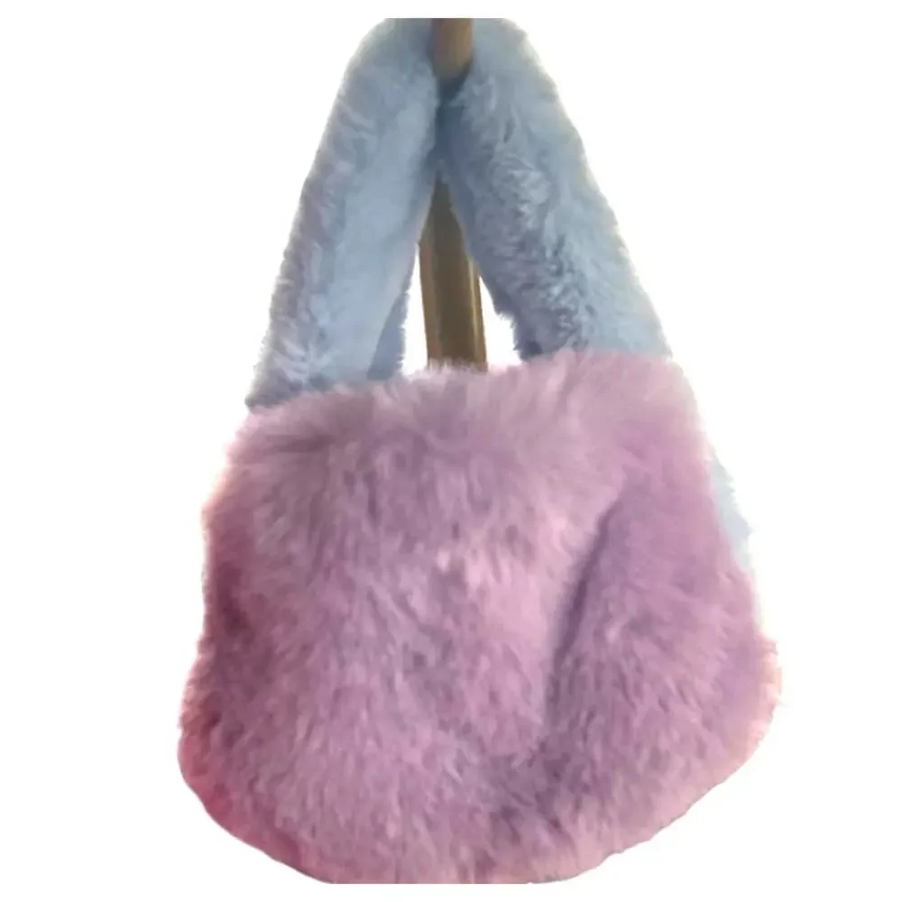 Pastel Pink Blue Lavender Faux Fur Mini Satchel Bag Plastic Removable Bag Chain - Picture 5 of 7